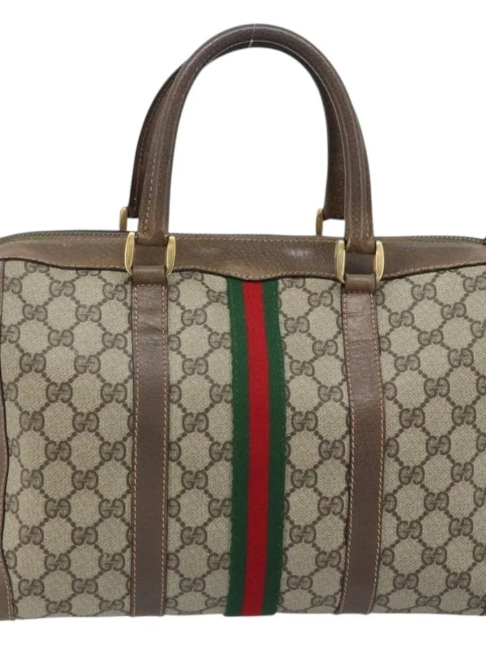 GUCCI GG Supreme Web Sherry Line Boston Bag PVC Beige 02 98 8 0468 Auth BAZ555